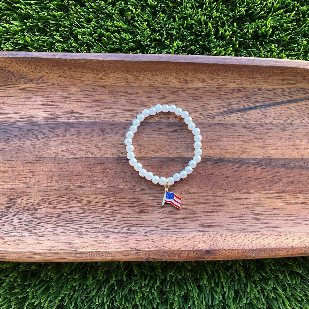 Pearl 4th of July Bracelet with American Flag Charm